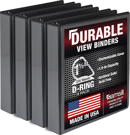 Durable 1.5 Inch Binder Made in the USA, D Ring Customizable Clear View Binder, Pack of 4